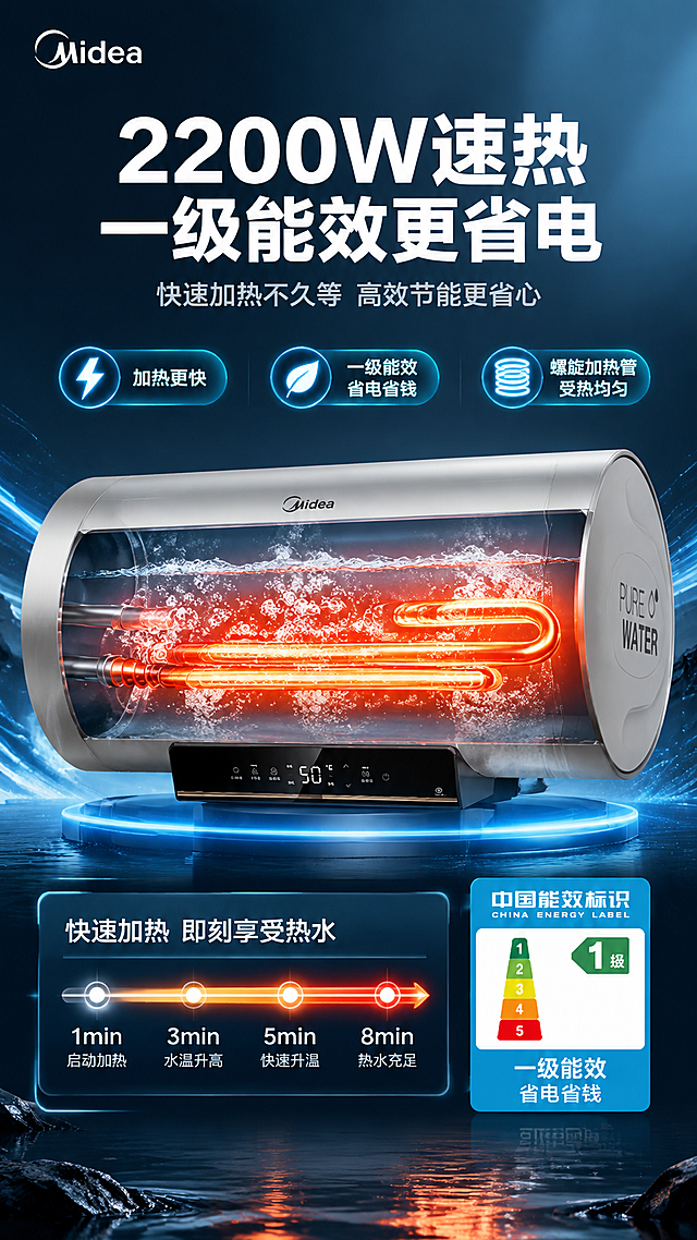 [商品] 使用【图1】美的小暖电热水器银色圆筒款；保留产品外观、Logo、触控面板；做半透明剖面展示内部加热管结构，加热管呈橙红色发光状态表现速热效果。
[画面] 目标：2200W一级能效速热性能展示。单功能测试型版式，产品剖面位于画面中部，占画面约50%。加热管发光效果强烈，周围水气泡翻腾表现快速加热。左侧有加热速度时间轴示意，右侧有效能等级标识。深蓝科技背景配数据光效。
[视觉] 套系策略：风格=国内电商高端家电商业摄影风，科技感与温馨感兼具；标题字=粗黑体大字；正文字=简洁无衬线体；主色=深蓝青灰；背景延展=基于深蓝青灰做深色科技渐变+能量光效粒子；强调色=橙红+青蓝双色，橙红用于加热管发光，青蓝用于数据和标签；标题色=白色；正文色=浅灰；组件=发光数据标签、能效标识卡、时间进度条；光影=加热管暖光+科技冷光对比。
[文字] 顶部主标题"2200W速热 一级能效更省电"，副标题"快速加热不久等 高效节能更省心"，数据标签："加热更快"、"一级能效 省电省钱"、"螺旋加热管 受热均匀"，文字横向排版。
[规格] 图片比例9:16竖版，4K分辨率，避免变形、错字、文字过小、产品结构失真、虚构参数。