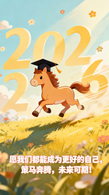 插画风海报，戴着学士帽的小马向前奔跑，画面中融入数字“2026”，搭配文字“愿我们都能成为更好的自己，策马奔腾，未来可期！”，整体风格清新治愈，充满活力与希望预览效果