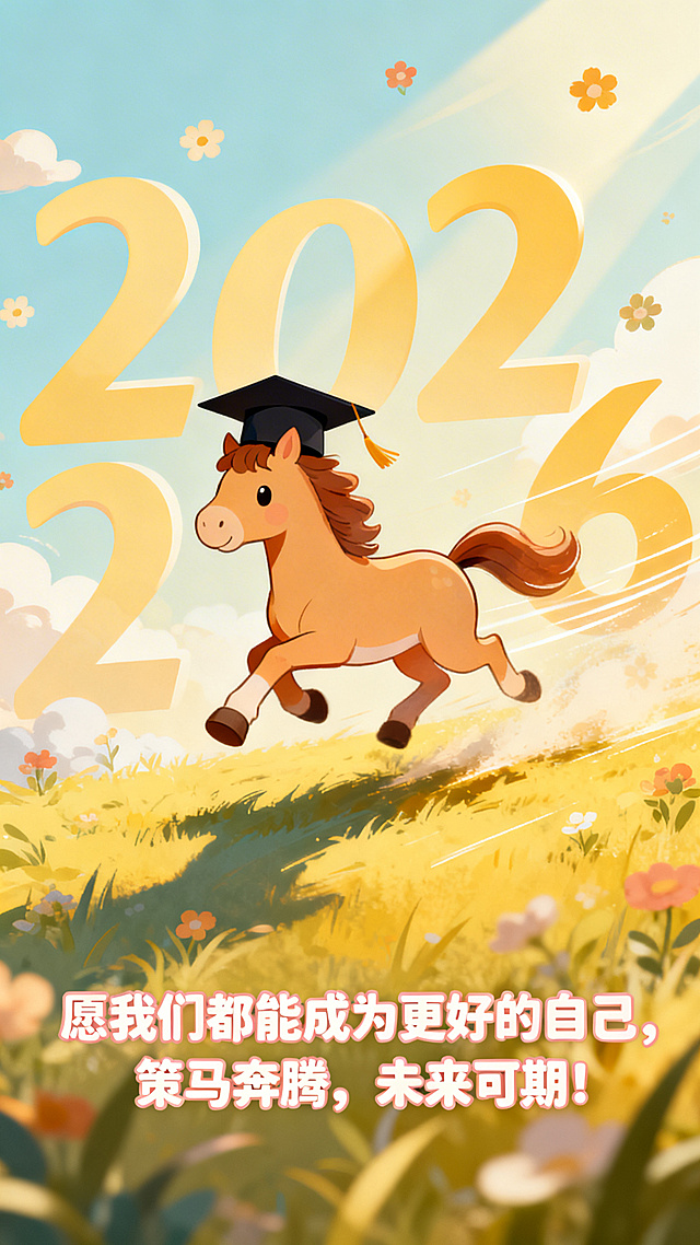 插画风海报，戴着学士帽的小马向前奔跑，画面中融入数字“2026”，搭配文字“愿我们都能成为更好的自己，策马奔腾，未来可期！”，整体风格清新治愈，充满活力与希望