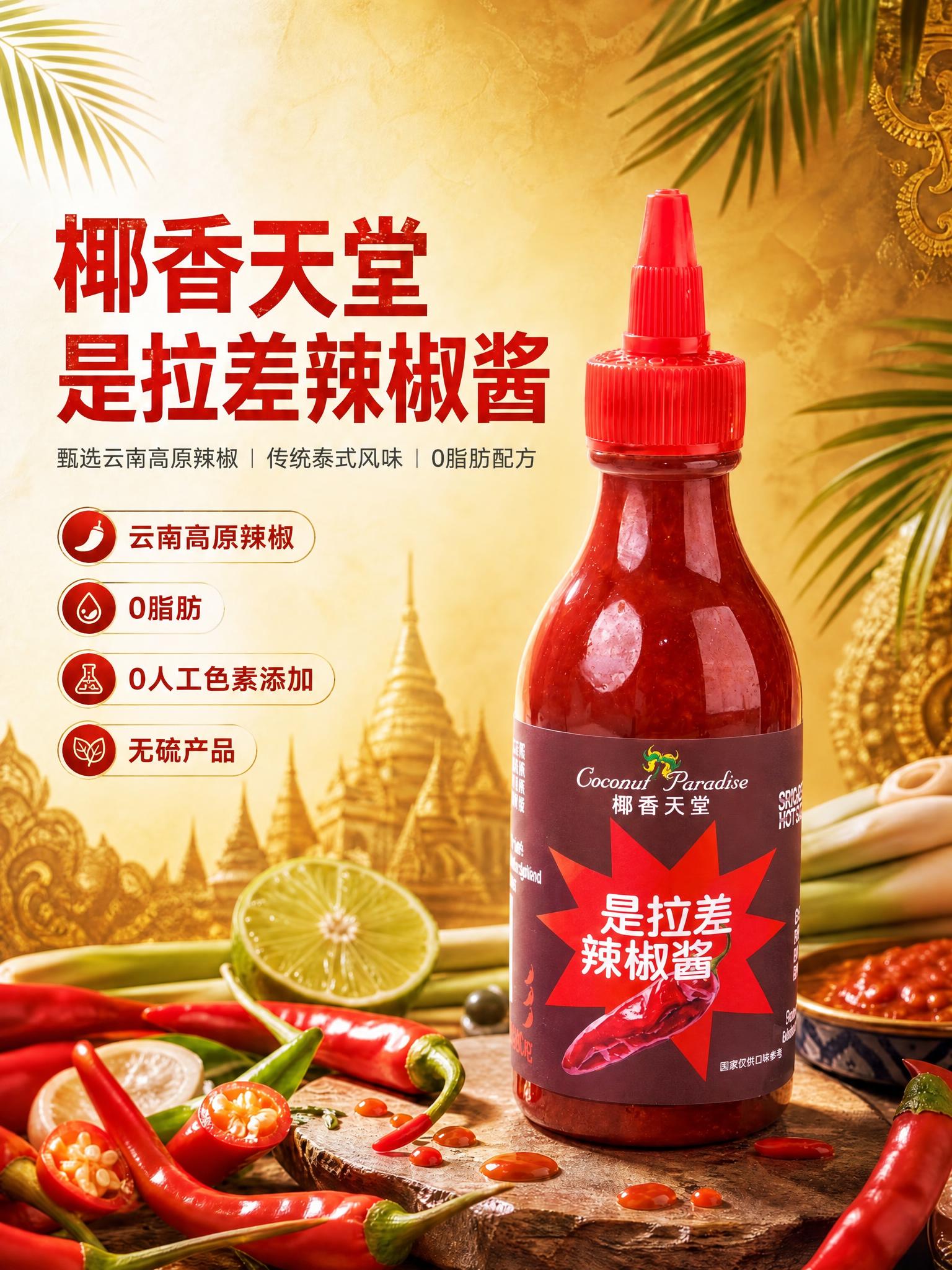 将图中的辣椒酱瓶身主体替换为参考图中的椰香天堂是拉差辣椒酱瓶身… - 图片创意预览