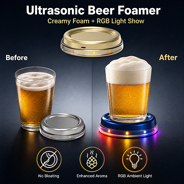 [主图-2] 超声波啤酒起泡器核心价值图，before/after效果对比分屏。
[氛围风格] 跨境电商信息图风格，冷调科技感+RGB氛围灯，高级有质感。
[画质] 商业摄影质感、光线通透、产品清晰真实、画面干净有层次。
[元素] 画面左右分屏对比。左侧before区：一只啤酒杯装满啤酒但泡沫稀少平淡，旁边平放银色款超声波啤酒起泡器（金属银上盖+透明灯带底座），灯带灯点微亮，标注"Before"；右侧after区：同一只啤酒杯放在蓝色款超声波啤酒起泡器（金属蓝上盖+透明灯带底座）上，杯中啤酒顶部涌起绵密细腻的丰厚泡沫，泡沫高出杯口呈奶油状，底部灯带RGB跑马灯绚丽发光，标注"After"。中间上方放置产品主视觉（金色款超声波啤酒起泡器，45°角，金色金属上盖+透明灯带底座，灯带彩色灯点发光）。产品外观（圆形扁薄造型、金属上盖+透明灯带底座双层结构、侧面USB-C口、底部彩色LED灯点）与输入产品图保持绝对一致，杜绝变形色差。画面底部有三个圆形图标卡片，分别对应三个核心卖点。
[光影] 主光从左上45°打下，冷白色调，金属表面有清晰高光，透明灯带通透有折射，啤酒杯通透有折射，泡沫柔和漫反射，灯带RGB灯点有辉光效果，整体科技感强。
[配色] 主色深冷灰渐变背景；辅色金属金、啤酒琥珀金、泡沫奶白、透明灯带；强调色RGB彩色光（红橙黄渐变，用于灯带发光和图标高亮）。
[视角构图] 平视略偏俯视，左右分屏对称构图，产品主视觉在上部居中，三图标卡片在底部均匀分布，层次分明。
[文字版式] 顶部居中主标题"Ultrasonic Beer Foamer"，白色大号粗体无衬线字；副标题"Creamy Foam + RGB Light Show"，浅金色中号。左侧分屏上方"Before"白色字，右侧分屏上方"After"金色字。底部三个圆形图标卡片，图标上方小字标注："No Bloating"、"Enhanced Aroma"、"RGB Ambient Light"，白色简洁无衬线字体。
[输出要求] 1:1比例，文字清晰锐利，超高清商业摄影质感。
[负向提示词] 变形，文字错乱，产品图模糊，背景杂乱，水印，电商平台Logo，中文文字，人物面部扭曲，手部畸形，木纹底座，无灯带。