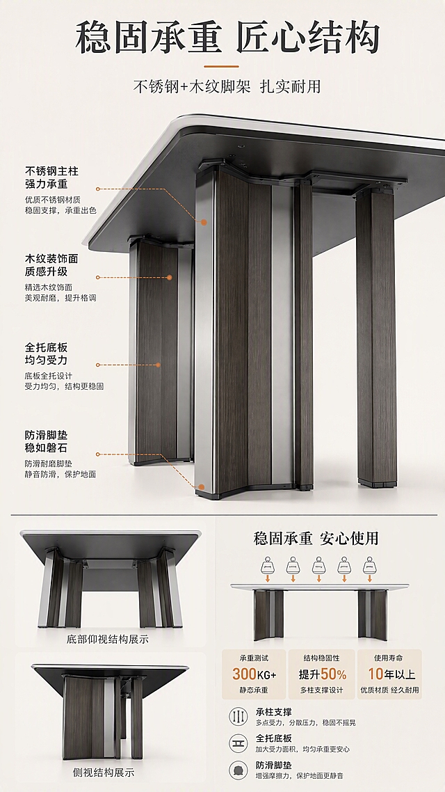 [第4张] 结构工艺页-不锈钢+木纹脚架承托结构与稳固性证明。本张使用【图1】脚架部分作为结构展示主体。
[氛围/风格] 工业质感结构解析风，专业严谨，商业摄影质感。
[元素布局] 画面中央为餐桌底部仰视+侧视组合展示，脚架占比约50%，清晰展示不锈钢+木纹拼接的立柱结构、多柱支撑设计、全托底板结构；左侧用虚线标注关键结构部位：不锈钢承重柱、木纹装饰面、全托底板、防滑脚垫；右侧配承重示意插画。
[光影质感] 多角度布光突出金属质感与木纹细节，阴影层次分明，结构轮廓清晰。
[配色色系] 全局底色 #F5F2ED（米白暖灰）；主色深灰不锈钢+木色脚架；辅助色浅灰、橙色标注线；文字黑色。
[视角构图] 中央产品+左右标注说明的对称构图，微仰视角度突出脚架稳固感。
[文字版式] 顶部主标题「稳固承重 匠心结构」，副标题「不锈钢+木纹脚架 扎实耐用」；左侧结构标注文字：「不锈钢主柱 强力承重」「木纹装饰面 质感升级」「全托底板 均匀受力」「防滑脚垫 稳如磐石」；右侧配数据标签「稳固承重 安心使用」。
[比例分辨率] 9:16竖版比例，4K分辨率，文字清晰可辨，高清画质。
[负向提示词] 脚架变形，结构错误，颜色偏差，水印，标注线错乱，产品模糊。