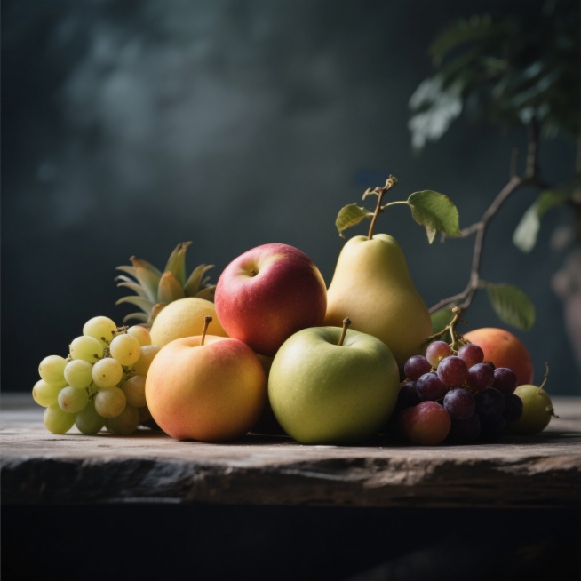 新鲜水果实拍图，整体画面偏暗，色彩饱和度低，光影柔和，细节完整，适合调色实训使用预览效果