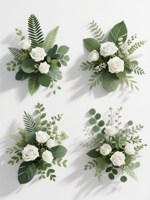 一组4个规整排布的花艺素材，每个素材均保持高度写实的3D渲染风格，具有细腻的植物纹理、清晰的叶片脉络和真实的光影效果，主色调为不同深浅的绿色与纯净的白色，整体呈现自然、清新、优雅的氛围。每个素材包含不同造型样式的花草组合，以白色花朵（如玫瑰状花朵）为视觉焦点，搭配多种绿色叶材（包括羽状叶、细长叶、圆叶、带细小叶片的藤蔓等），展现丰富的植物形态变化。所有素材均采用纯白色纯色背景，无任何文字、lo……预览效果