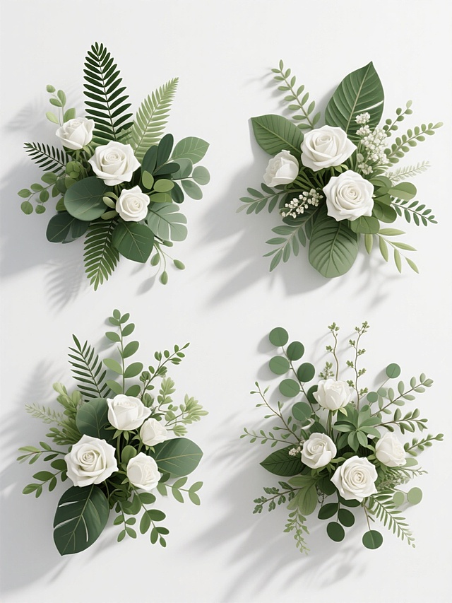 一组4个规整排布的花艺素材，每个素材均保持高度写实的3D渲染风格，具有细腻的植物纹理、清晰的叶片脉络和真实的光影效果，主色调为不同深浅的绿色与纯净的白色，整体呈现自然、清新、优雅的氛围。每个素材包含不同造型样式的花草组合，以白色花朵（如玫瑰状花朵）为视觉焦点，搭配多种绿色叶材（包括羽状叶、细长叶、圆叶、带细小叶片的藤蔓等），展现丰富的植物形态变化。所有素材均采用纯白色纯色背景，无任何文字、logo或水印，光线从斜上方照射，形成自然柔和的阴影，增强立体感和真实质感，构图饱满且疏密有致，保持统一的视觉语言和高品质的3D渲染细节。