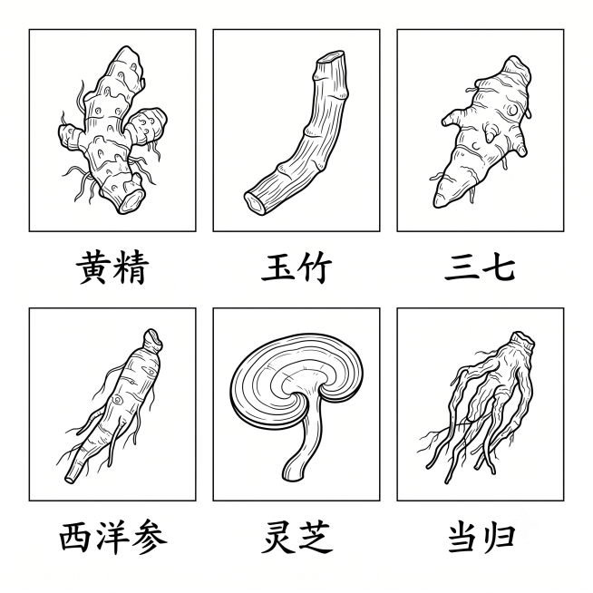 黄精、玉竹、三七、西洋参、灵芝、当归六种中药材，白底黑线条风格绘制，线条清晰干净，整体风格简约预览效果