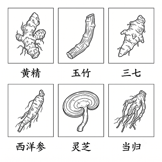 黄精、玉竹、三七、西洋参、灵芝、当归六种中药材，白底黑线条风格绘制，线条清晰干净，整体风格简约