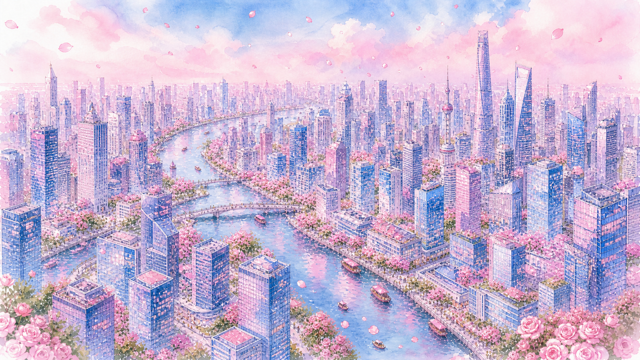 保持原图的水彩手绘风格、粉蓝同色系、俯瞰远景视角、河流蜿蜒、粉… - 图片创意预览