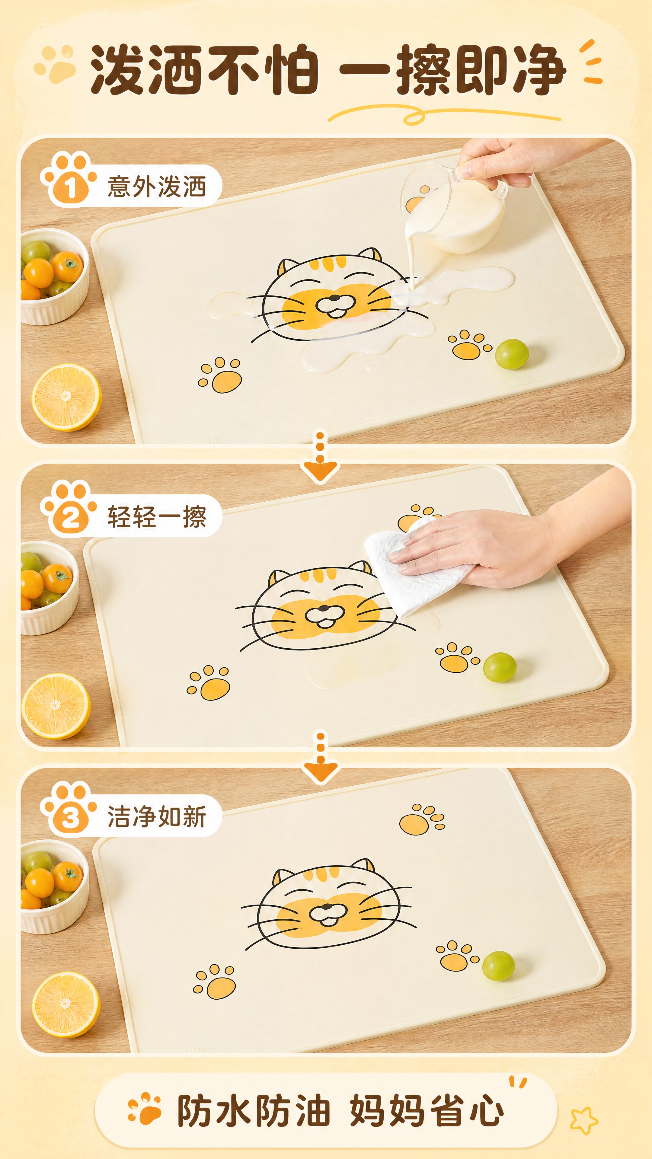 [商品] 使用【图2】幸运猫儿童硅胶餐垫；保留米白色基底、橘色… - 图片创意预览