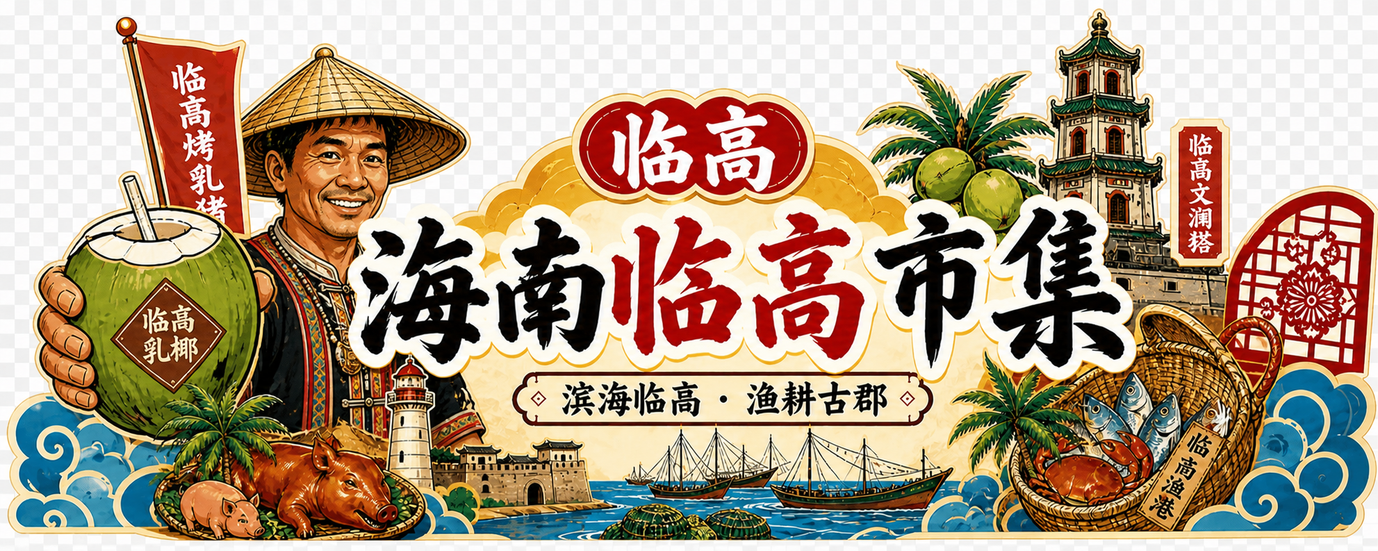 将左侧人物替换为海南黎族渔民形象，头戴斗笠，身穿黎族传统服饰，… - 图片创意预览