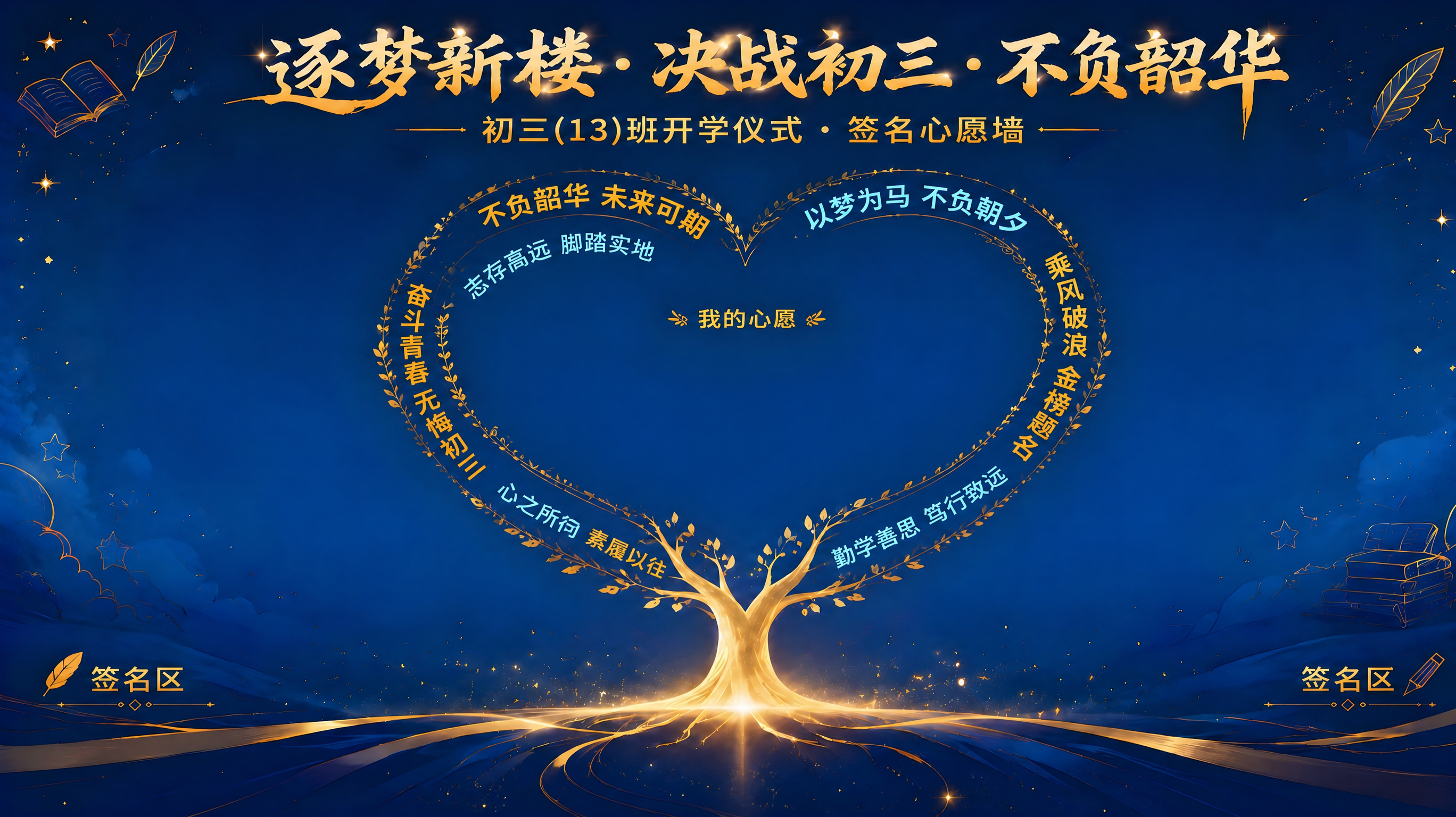 保留原图的深蓝色渐变背景、金色心形许愿树整体造型、发光金色树干… - 图片创意预览