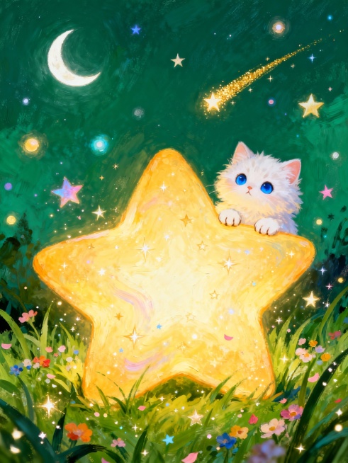 一幅充满梦幻感的插画，画面中心是一颗巨大的、散发着温暖黄色光芒的星星，星星表面有柔和的光晕和闪烁的星点，一只毛茸茸的白色小猫正趴在星星的右上角，睁着圆溜溜的蓝色眼睛，露出可爱的小爪子。周围是绿色调的夜空背景，点缀着许多大小不一、散发着不同颜色微光的星星，其中一颗拖着长长的金色彗尾划过天际，左上角还有一弯明亮的月牙。地面上长满了绿色的草丛和五颜六色的小花，草叶和花瓣上似乎沾染着星光的碎屑，整体画……预览效果