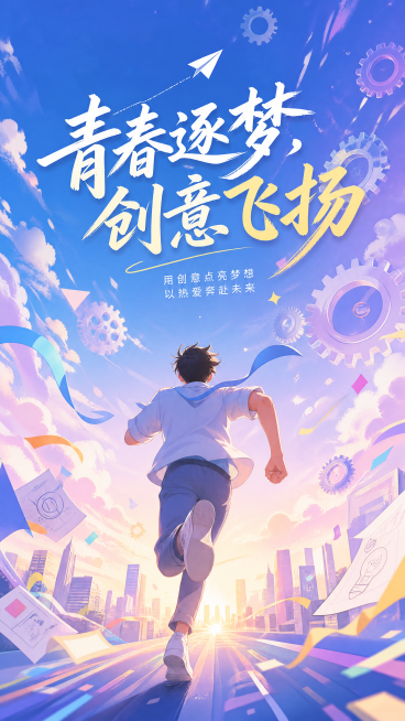 青春逐梦创意飞扬主题海报，画面主体为奔跑的青年，背景是渐变的蓝紫色天空与漂浮的创意齿轮，整体风格清新治愈，充满活力，色彩明亮，突出积极向上的氛围，适合作为个人作品集封面，添加标题文字"青春逐梦，创意飞预览效果