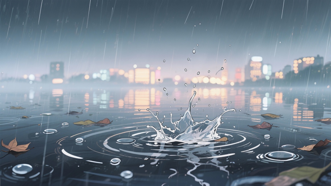 二次元，黑夜，下雨，水面，氛围孤独、落寞，浅灰色、淡蓝色，不要人，细节丰富，16:9，生成二张预览效果