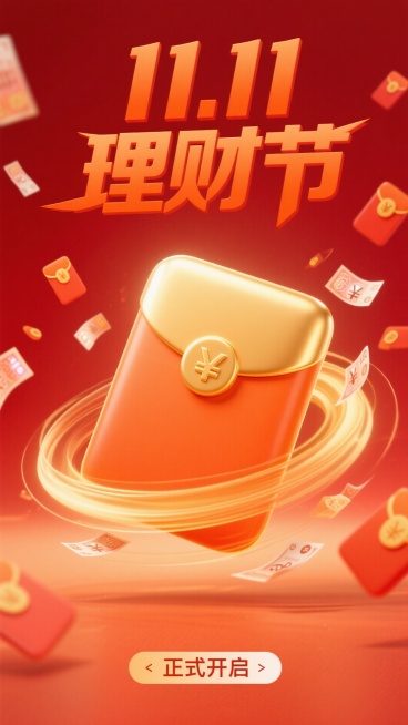 电商理财节海报，顶部"11.11理财节"标题，红色背景衬托中心旋转的金扣巨型红包，橙金渐变漩涡形，飘落的红包，理财券，底部黑金副标框"正式开启"预览效果