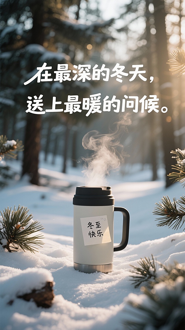 实景感雪林中，热气袅袅的保温杯点缀冬日暖意，轻拟物风与双色设计融合，水墨质感笔触勾勒清透光影，胶片风色调传递温馨文艺的冬至问候。