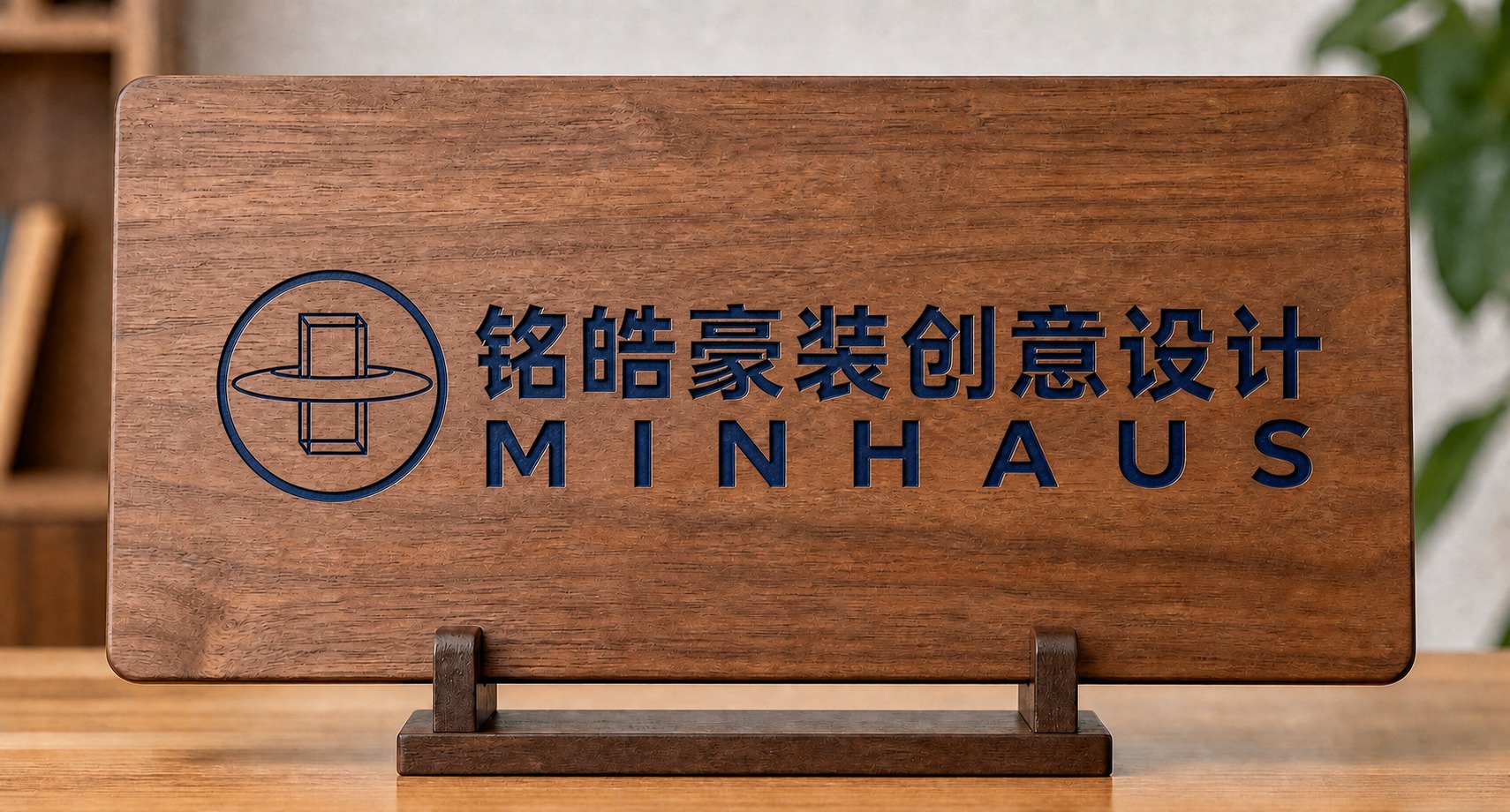 保持这张胡桃木门牌的整体构图、支架、木板尺寸和质感完全不变。调… - 图片创意预览