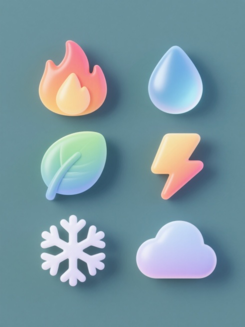 一组六个不同元素的软3D风格图标，规整排布在纯色背景上，每个图标都有独特的渐变色彩和圆润光滑的边缘，元素包括火焰、水滴、树叶、闪电、雪花和云朵，每个元素都保持一致的软3D质感和简洁造型，整体色彩协调且预览效果