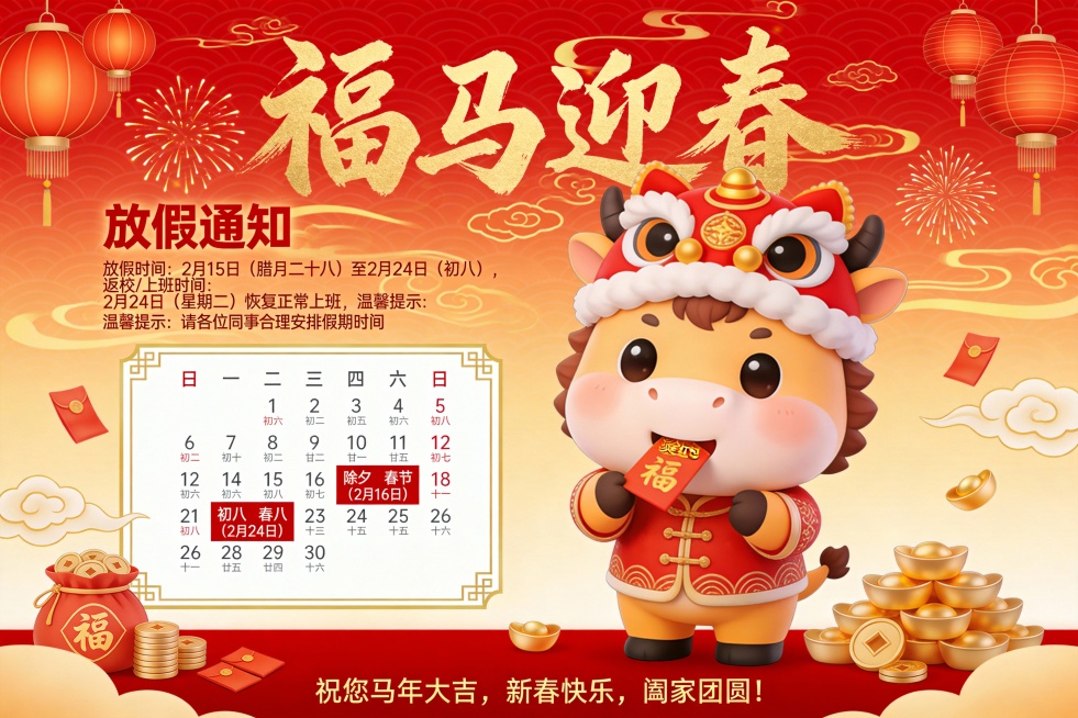 1.文案信息：大标题文案“福马迎春”采用醒目的金色中国书法字，搭配可爱的卡通小马形象，营造欢乐吉祥的节日氛围。
小马身着传统中式服饰，头戴舞狮帽，嘴里叼着红包，形象生动可爱，极具亲和力，特别适合面预览效果