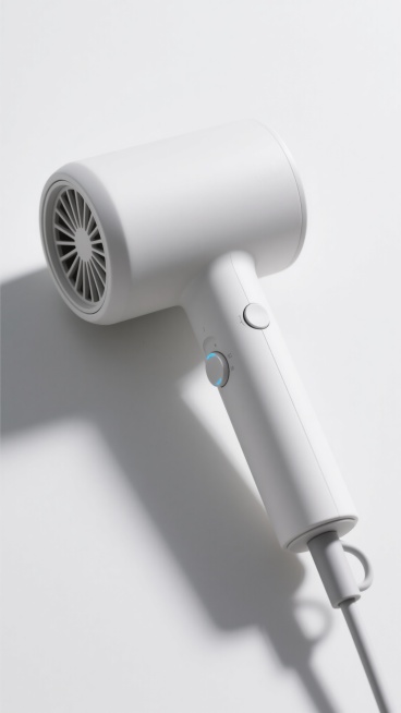 极简视角45度俯拍，纯白洁净背景下，中央流畅圆润有机形态的哑光磨砂吹风机，柔和顶光勾勒微妙高光轮廓，扁平椭圆出风口隐现细密格栅，手柄双圆控钮其一有淡蓝指示灯，圆柱电源口，柔和灰度显立体，尽显简洁现代高品质少即是多美学。预览效果