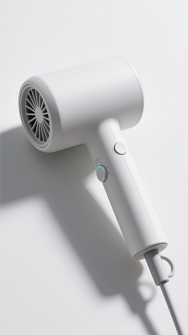 极简视角45度俯拍，纯白洁净背景下，中央流畅圆润有机形态的哑光磨砂吹风机，柔和顶光勾勒微妙高光轮廓，扁平椭圆出风口隐现细密格栅，手柄双圆控钮其一有淡蓝指示灯，圆柱电源口，柔和灰度显立体，尽显简洁现代高品质少即是多美学。