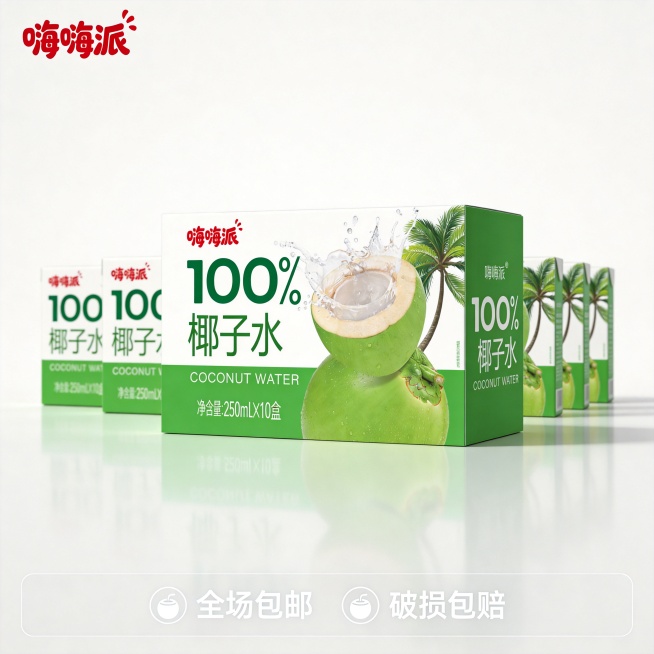 [主图-5] 100%椰子水服务承诺转化图
[氛围风格] 简洁干净，信任背书，促进下单
[画质] 商业摄影质感，光线柔和通透，产品清晰真实，画面干净高级
[元素] 100%椰子水整箱包装盒正面完整展示预览效果