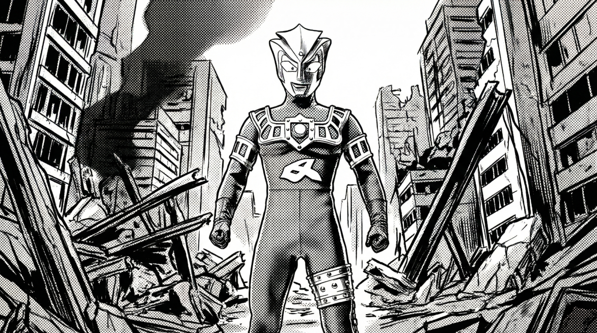 将这张奥特曼图片转换为16:9黑白漫画风格，背景改为废弃都市废墟，保持人物主体造型不变，转换出漫画线条和黑白网点质感预览效果