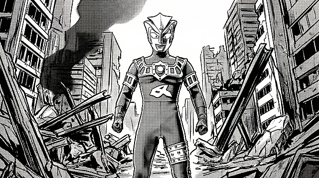 将这张奥特曼图片转换为16:9黑白漫画风格，背景改为废弃都市废墟，保持人物主体造型不变，转换出漫画线条和黑白网点质感