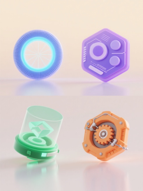 3D渲染风格的科技元素图标集，采用浅色渐变背景，上下两行各两个元素呈对称对齐排列。上排左侧为蓝色发光环形结构，带有网格纹理和中心辐射线条；上排右侧为紫色六边形科技面板，表面有立体按钮和数据纹路；下排左侧为绿色圆形全息投影装置，内部有旋转的几何图形；下排右侧为橙色多边形机械组件，带有齿轮和连接线细节。所有元素均具有半透明渐变质感、细腻的高光反射和柔和阴影，整体呈现出未来感十足的UI图标设计风格。预览效果