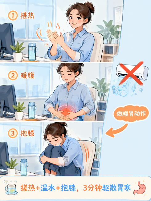 明亮现代的办公室场景，一位年轻女性坐在工位上。画面分为三个小动作特写：第一格，她双手掌心相对快速对搓，有弧线和热气小图标表示"搓热"；第二格，她双手掌心贴在肚脐处，肚脐位置有一个红色温暖光圈；第三格，预览效果