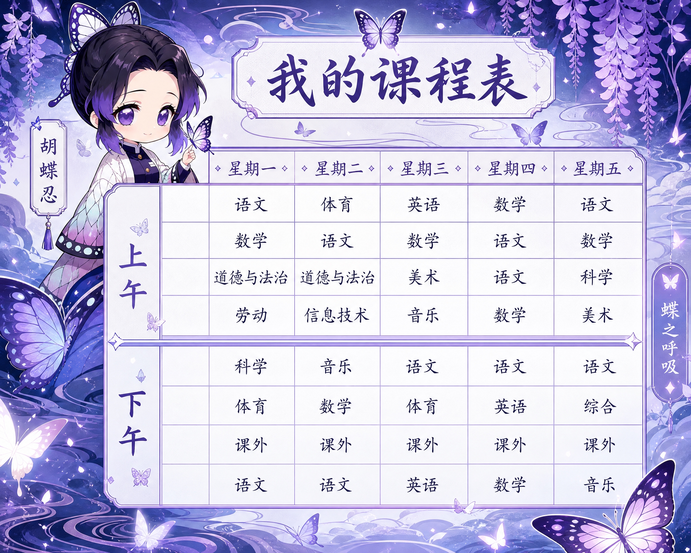鬼灭之刃蝴蝶忍紫调清冷主题课程表，标题为"我的课程表"，表格包… - 图片创意预览