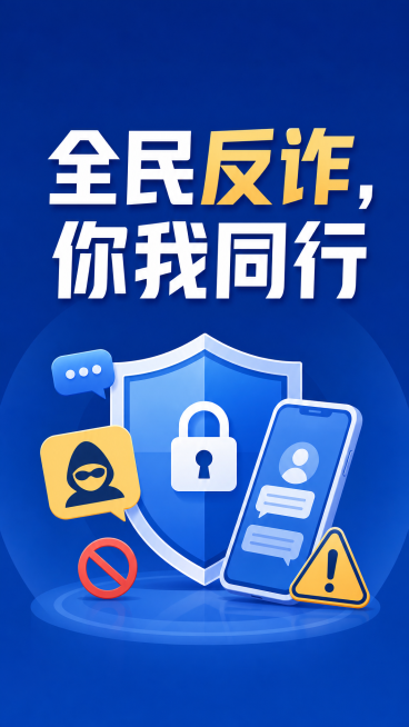 反诈骗宣传海报，简约风格，干净纯色背景，醒目标题文字"全民反诈，你我同行"，简洁大方的公益警示宣传设计预览效果