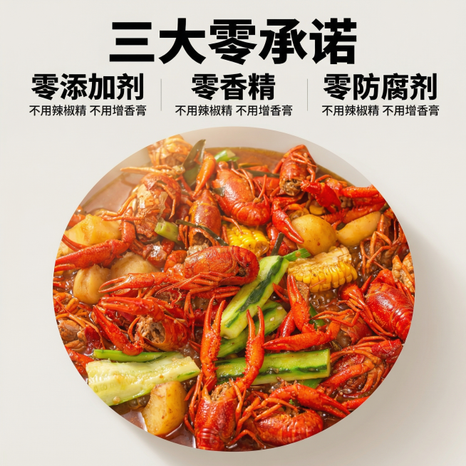 [主图 2] 私厨小龙虾核心卖点图，突出零添加承诺
[氛围风格] 专业干净，自然信任风
[画面元素] 商业摄影质感，光线柔和通透，产品清晰真实，画面干净高级。原图小龙虾保持原有外观，在干净暖调背景中摆预览效果