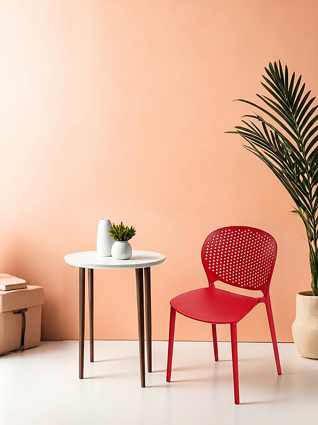 将红色镂空椅子自然融入这张室内设计图中，放在合适的位置，保持整体风格光影自然协调
