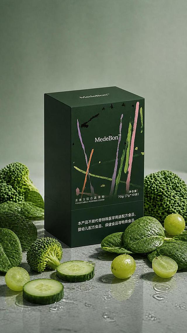 将图1场景中的深绿色包装盒替换为图2的MedeBon美地宝综合蔬菜粉包装盒，产品严格参照图2，完整保留所有可见组件、轮廓形状、结构、比例、材质质感、颜色与产品上的文字信息（MedeBon品牌名、产品名、净含量、警示语等），与图2完全一致。保留图1的整体场景骨架与氛围：灰绿色背景、湿润的灰色台面、水珠水滴效果、周围的绿色蔬菜道具（西兰花、黄瓜片、青提、绿叶蔬菜）、柔和侧前方自然光。产品受光面泛起灰绿色环境光、暗部映射深绿色阴影光晕，与场景物理融合，无悬浮、无硬边剪切、无PS抠图感。产品位于画面中央，中景构图，视角相对参考图微侧20°。全量换款清单：①包装盒：参考图无品牌文字的深绿色盒 → 生成图MedeBon美地宝综合蔬菜粉包装盒（产品本体严格锁死，保留全部文字与图案）；②蔬菜道具：参考图西兰花、黄瓜片、青提、绿叶 → 生成图同品类绿色蔬菜，造型与数量微调，保持自然散落湿润效果；③背景墙面：参考图灰绿纯色 → 生成图灰绿哑光墙面，纹理微调；④台面：参考图灰色湿润石面 → 生成图灰色湿润石面，水珠分布与形状微调。消除画面中的小红书号水印。4K分辨率，严格锁定宽高比为9:16。