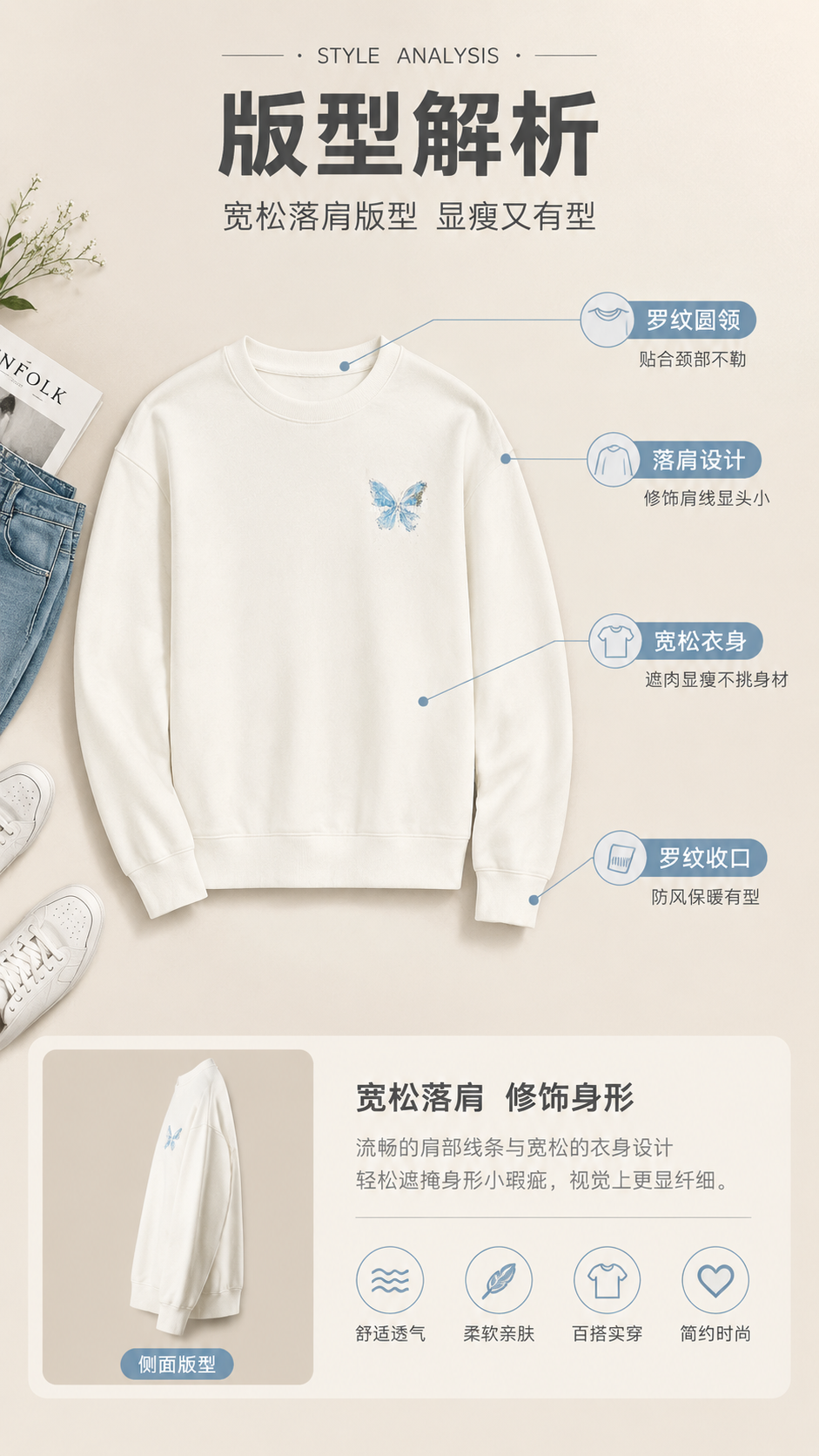 [商品] 使用【图1】米白色圆领卫衣；商品处理：保留圆领、落肩… - 图片创意预览