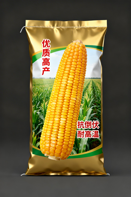 玉米种子包装袋设计，农业产品风格，主体是饱满金黄的玉米棒，搭配绿色农田背景，标注优质高产、抗倒伏、耐高温等卖点文字，整体色调以金色和绿色为主，印刷质感清晰，适合农资市场使用预览效果
