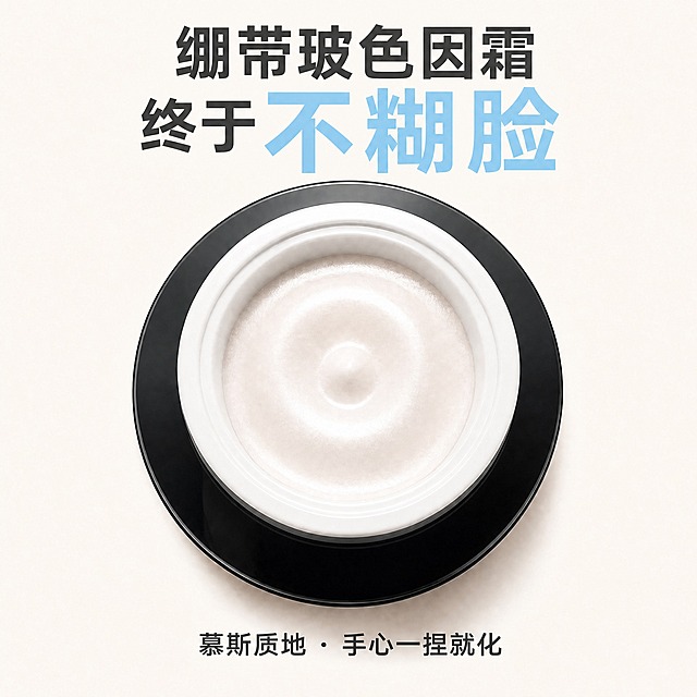 将图中顶部第一行文字「绷带抗皱霜」替换为「绷带玻色因霜」，保持字体、字号、颜色、位置、字重完全一致，其余所有画面元素（膏体、瓶身、第二行文字、底部辅助文案、背景、光影）保持不变。文字清晰锐利，无错字。