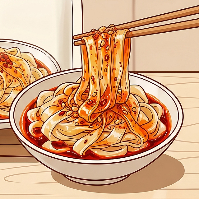 参照原图风格，保持整体手绘插画质感，在画面中增加一只筷子挑起几块裹满红亮料汁的凉皮，动态自然，和原有画面风格保持完全一致，原图中碗里的凉皮、花生米、红辣椒油整体保留，只添加筷子挑起凉皮的动态元素，整体构图不变，颜色清新食欲感强，线条干净，画面满屏无边框，1:1比例，2k分辨率，超高清，负向提示词：变形，水印，文字错乱，产品模糊，背景杂乱