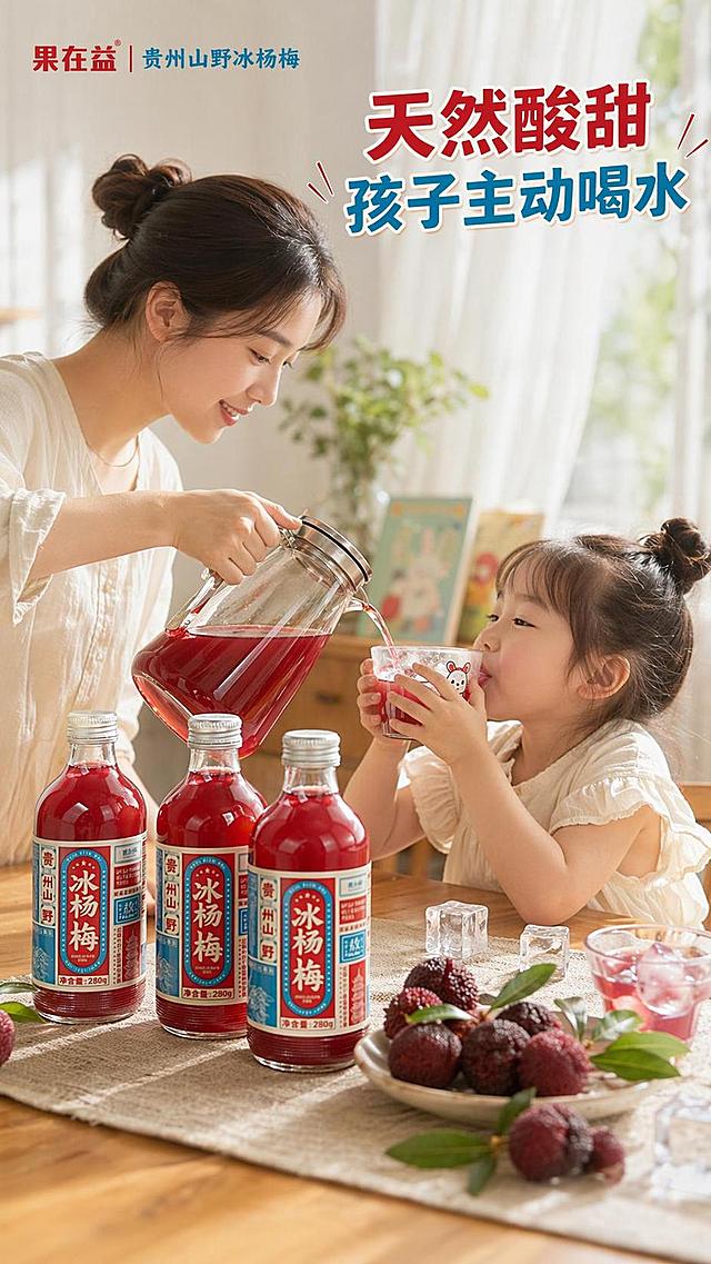 [第4屏] 居家亲子饮用场景-果在益贵州山野冰杨梅汁。本屏使用【图1】作为商品主体展示。
[氛围/风格] 生活化真实温馨，自然抓拍无摆拍，松弛治愈居家氛围。
[元素布局] 明亮原木风居家餐厅，白色薄纱过滤午后柔和暖自然光，浅木桌面铺细腻浅米色棉麻餐垫，温柔宝妈手持玻璃冷水壶匀速倾倒果在益杨梅原汁，水流顺滑通透，对面小女孩双手捧儿童卡通矮杯仰头饮用，嘴角淡淡果汁红晕，表情松弛治愈。桌面摆放三瓶裸瓶杨梅汁（产品外观与【图1】一致）、方形冰块、新鲜杨梅鲜果，背景虚化儿童绘本小摆件。左上角固定文字“果在益｜贵州山野冰杨梅”，右上角红蓝复古标题“天然酸甜 孩子主动喝水”。全程无外箱无纸箱无泡沫托无多余标签。
[光影质感] 柔和暖自然光透过薄纱，明暗层次自然，阴影柔和，整体温馨通透。
[配色色系] 全局底色浅木暖调；主色浅木米白；辅助色红润果汁、绿色背景虚化。
[视角构图] 全景生活化场景构图，人物和产品共同构成视觉主体，景深背景虚化。
[文字版式] 左上品牌文字，右上角标题，字体风格一致，字色红蓝，不遮挡核心人物和产品。
[比例分辨率] 9:16竖版比例，8K分辨率，文字清晰可辨，高清画质。
[负向提示词] 产品变形，人物面部扭曲，文字错乱，外箱多余标签，背景杂乱。