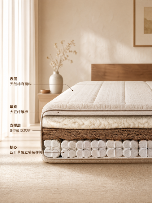 [主图-4] 恬芯-松骨床垫内部层结构展示图。[氛围风格] 专业透明展示，直观用料。[画质] 商业摄影质感，光线柔和通透，产品清晰真实，画面干净高级。[元素] 床垫侧面剖面分层展示，从上到下依次呈现棉预览效果