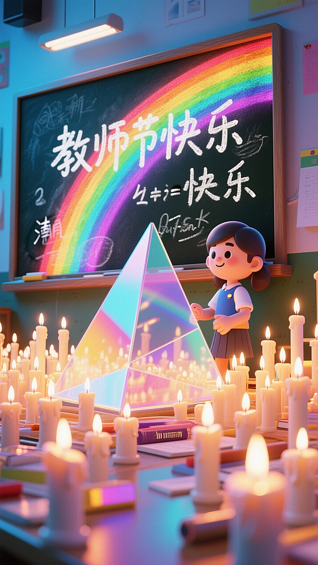 梦幻3D卡通风格，拟人角色在霓虹灯下庆祝教师节，烛光与彩虹营造温馨氛围。