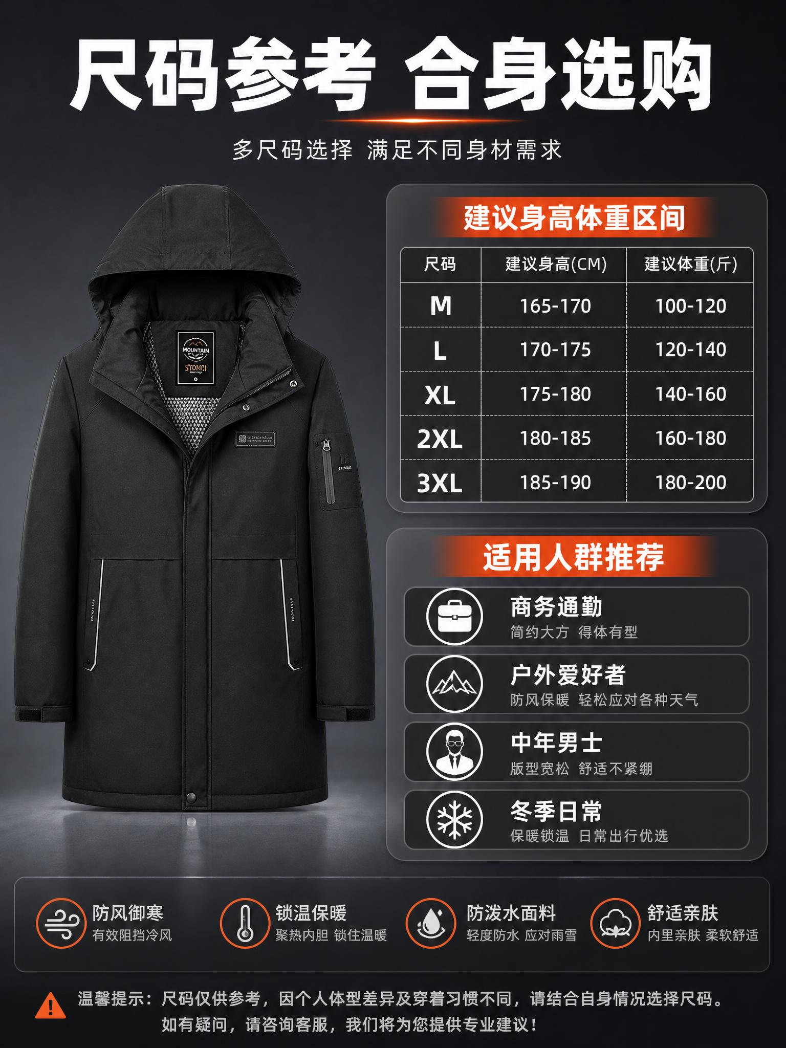 [主图-6] 黑色老爷车男士中长款连帽棉服尺码与适用人群说明图… - 图片创意预览
