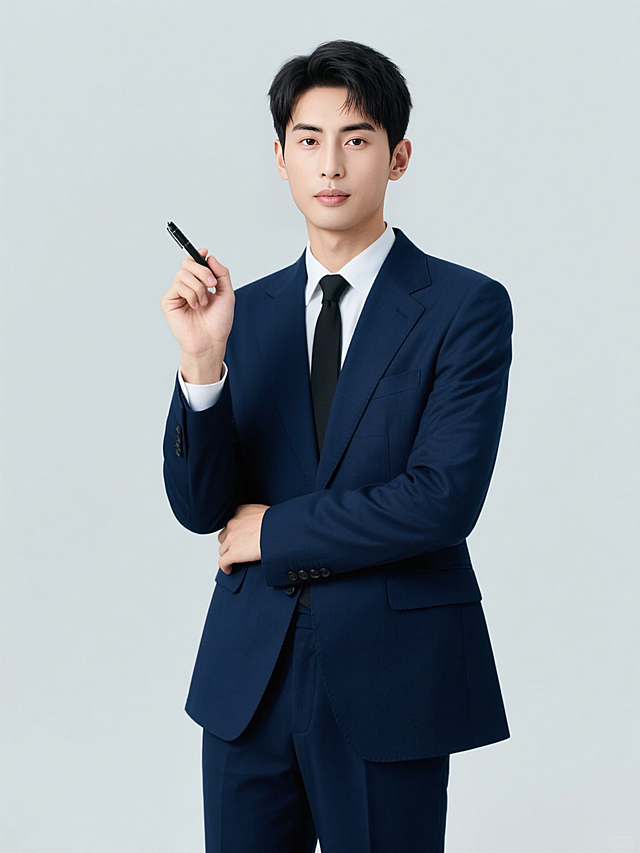 男性讲师职业形象，身穿藏蓝色西装，黑色领带，一只手拿着笔，另一只手肘自然支撑，正面半身照，纯色背景