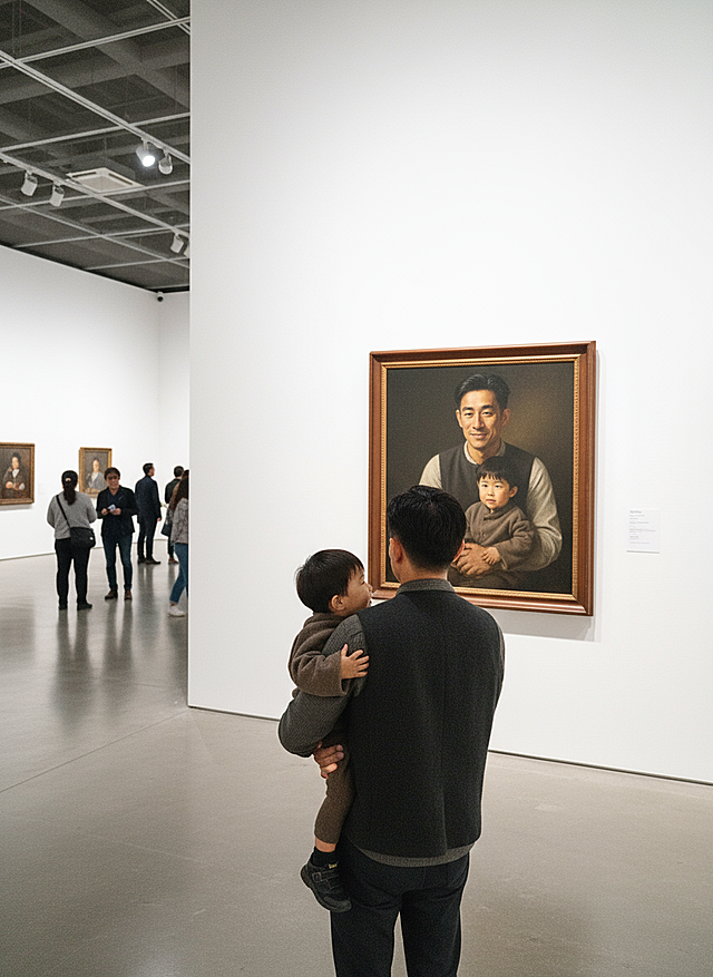 油画风写实肖像，父子凝视画中身影，温馨感扑面而来，文艺气息弥漫展厅。