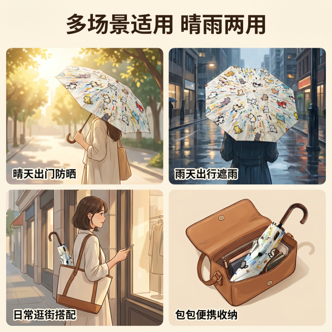 [主图 4] 晴雨伞多场景使用展示。
[氛围风格] 生活化温馨场景，自然清新氛围感。
[画质] 商业摄影质感，光线柔和通透，产品清晰真实，画面干净高级。
[元素] 四宫格布局展示四个使用场景：晴天出门预览效果