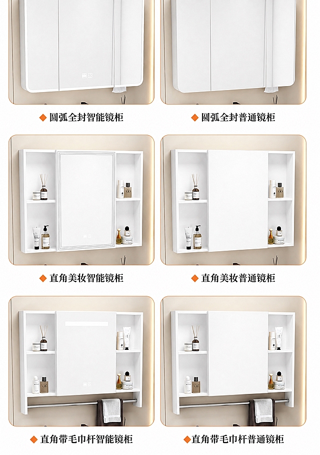 将图中所有镜柜和柜体的颜色改为纯白色，其他所有元素（布局、文字、背景、摆件、产品名称等）保持完全不变，效果自然真实，不要改变任何其他内容。