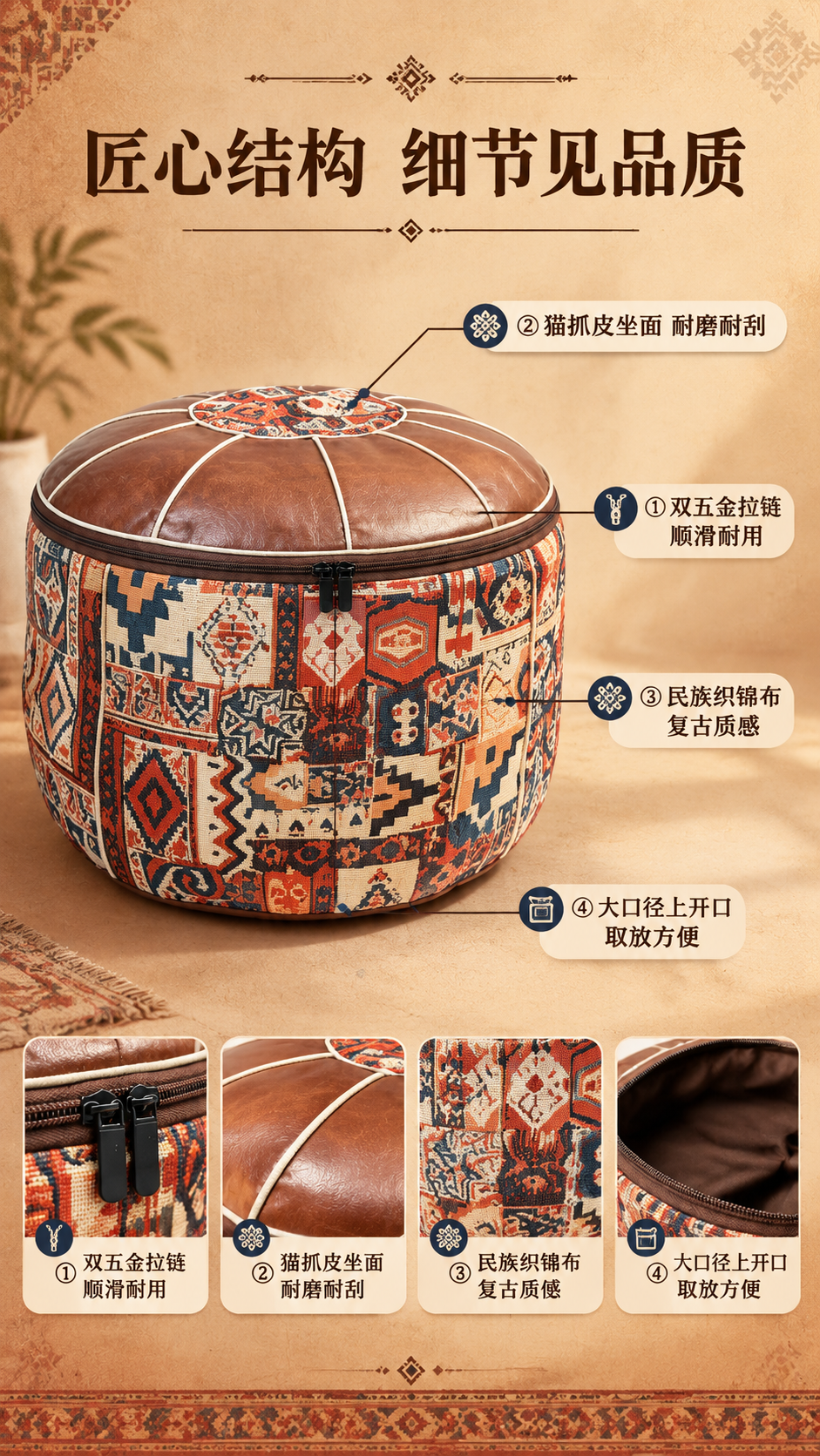 [商品] 使用【图2】【图4】民族风上开口拉链收纳凳；保留圆形… - 图片创意预览