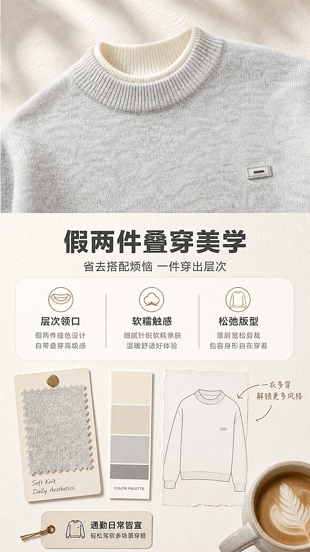 [商品] 使用【图1】浅花灰色假两件半高领针织毛衣；商品处理：保留半高领假两件双层领口、落肩袖、胸前小标、罗纹收口、浅花灰颜色；自然去皱理顺，增强针织纹理细腻度，不改变版型结构。
[画面] 目标：设计理念页，表达假两件叠穿美学与一衣多穿的设计巧思。构图：上下结构，上方1/3为毛衣领口特写（突出假两件双层撞色领口），下方2/3为文案+灵感元素拼贴。景别：上半部分特写领口，下半部分图文混排。元素：米色布料小样、色卡、极简线条插画、咖啡杯道具。背景：浅米色肌理纸张质感，有轻微投影增加层次。
[视觉] 套系策略：风格=韩系轻熟通勤高级商业摄影；标题字=现代简约无衬线粗体；正文字=纤细无衬线体；主色=浅花灰+米杏色；背景延展=基于米杏色做深浅渐变、肌理墙面和织物质感层次；强调色=焦糖棕，仅用于小面积图标、引线和标签；标题色=深炭灰；正文色=中暖灰；组件=圆角浅米色信息卡、细棕线引线、小标签；光影=左前侧暖柔光+右侧轮廓光，柔和自然阴影。
[文字] 中上位置主标题"假两件叠穿美学"，副标题"省去搭配烦恼 一件穿出层次"。下方3个设计理念关键词横向排列：「层次领口」「软糯触感」「松弛版型」，每个关键词配小图标和一句简短说明。文字全部横向排版，手机端清晰可读。
[规格] 图片比例9:16竖版，4K分辨率，淘宝/天猫详情页适配，中文文案。避免变形、错字、文字过小、冷蓝背景、毛衣颜色改变、极限词。