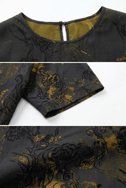 「图片1」生成一张商品详情页，分别展示衣服领子、袖子、面料细节质感，以上下结构三宫格形式排列在一张白底图上预览效果